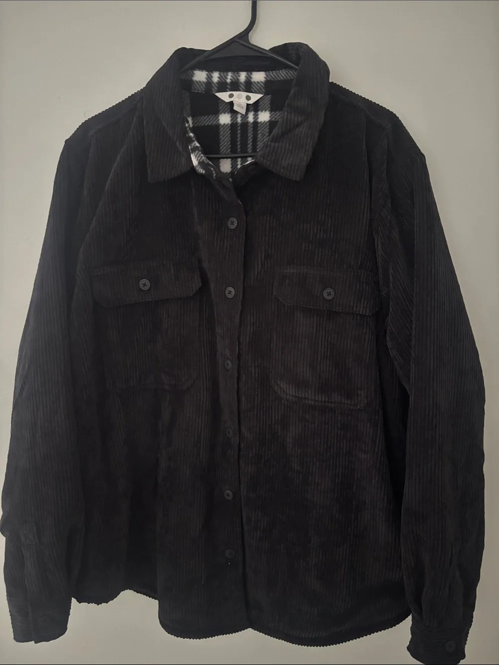 NEW - Men's Black Corduroy Button-Up Jacket with Plaid Lining